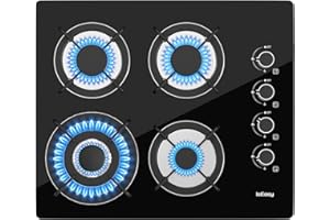 IsEasy Gas Hob 4 Burners - Glass Gas Hob Black Plug in NG/LPG Gas Hob, 7800W 4 Cooking Areas Built in Glass Cooktop Hob 60cm with Cast Iron Pan Support, Thermocouple Protection, Integrated Ignition