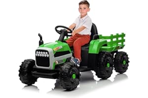 LISCHWERT Tracteur électrique avec remorque, Tracteur pour Enfant, avec télécommande, avec lumières LED, Musique, klaxon et Fonctions USB, Charge Enfant 50 kg, Convient aux Enfants à partir de 3 Ans (Vert)