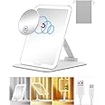Gospire Travel Makeup Mirror with Lights and Magnification 10X, Portable Make Up Compact Tabletop Mirror with Adjustable Stand, 3 Colored Lights Rechargeable Lighted LED Vanity Mirror - White