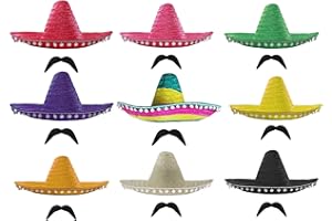 I LOVE FANCY DRESS Sombreros Mexicanos con Pompones y Bigote - Accesorios para Fiestas Mexicanas, Fiesta, Unisex
