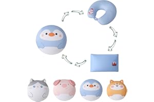 JOYRAVO Dziecięca poduszka podróżna do spania, pluszowa zabawka 3 w 1, zmieniająca się poduszka pod kark dla dzieci, poduszka w kształcie litery U zamienia się w przytulankę, słodka lalka do spania i zabawy w