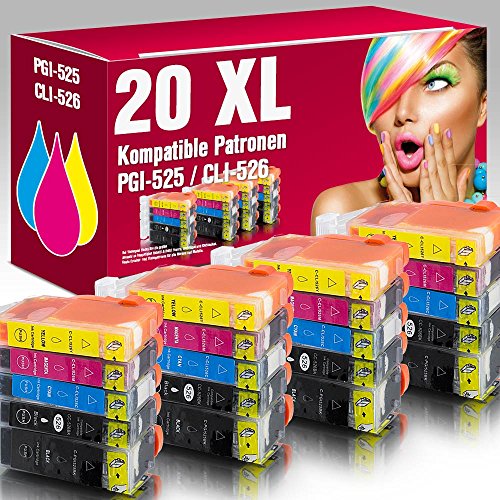 ms-point® 20 kompatible Druckerpatronen mit CHIP und Füllstandsanzeige für Canon Pixma IP4850 IP4950 IX6550 MG5150 MG5250 MG5350 MG6150 MG6250 MG8150 MG8240 MX715 MX884 MX885 MX895 Patronen kompatibel zu PGI-525, CLI-526BK, CLI-526C, CLI-526M, CLI-526Y
