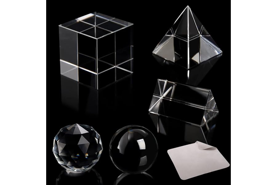 Yopay 5 Pack Crystal Prism Set, K9 Glass Optical Photography Prism Set, 50mm Lens Ball/50 mm Cube/50mm Triangular Prism/50mm Prism Pyramid/ 50mm Crystal Ball, Science, Teaching Light Spectrum