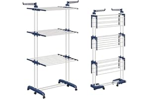 ‎SHRIVEE Shrivee Wäscheständer Turm, Klappbarer Waschestander mit 6 faltbaren Flügeln auf 3 Ebenen, Klappbeine sparen Platz innerhalb und außerhalb des Hauses (Blau und weiß)