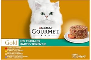 GOURMET GOLD | Chat | Les Timbales Aux Légumes | Gelée | Bœuf-Tomate, Poulet-Carottes, Dinde-Épinards, Agneau-Haricots Verts | Lot de 8 x 12 x 85 g| Boite