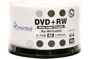 Smartbuy 50 Pack Blank DVD+RW 4x 4.7GB 120Min White Inkjet Hub Printable Rewritable DVD Media Disc