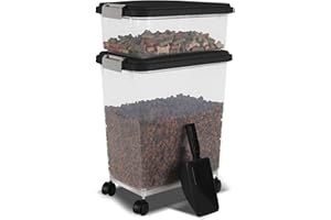 BRISTA 3 Pc's Pet Food Storage Container with Airtight Lids & Measuring Scoop Plastic Dog Cat Animal Dry Food Dispenser Storing Box with Rolling Wheels (Black)