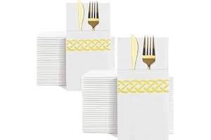 YIDUHAO Pocket Napkins,Disposble Cloth Like Napkins Built-in Flatware Pocket,Wedding Party Linen Feel White Napkin, Prefolded for Silverware,Pack of 100