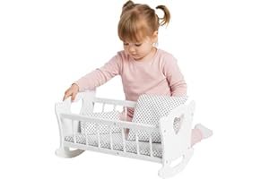 GREEN SERIES Kinderplay Drewniane łóżeczko dla lalek z pościelą - Łóżko dla lalek z materacem, poduszką i kocem, kołyska dla lalek do 49,5 cm, drewniana zabawka dla dziewczynek od 3 lat