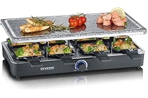 ‎SEVERIN SEVERIN Raclette-Partygrill mit Naturgrillstein, Raclette mit Grillplatte aus Stein und 8 antihaftbeschichteten Pfännchen, Tischgrill für 8 Personen, max. 1300 W, schwarz, RG 2372
