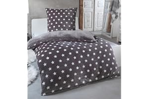 MALIKA Warme Winter Plüsch Sterne Wende-Bettwäsche Nicky-Teddy 'Cashmere Touch' Coral Fleece viele Farben & Größen, Farbe:Grau, Größe:135 x 200 cm