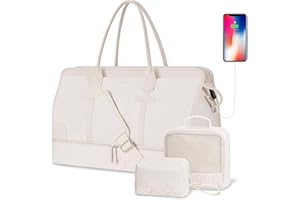 ETRONIK Weekend Overnight Bag for Women, Large Travel Duffle Bag with Shoe Compartment & Wet Pocket, Carry On Tote Bag Gym Duffel Bag with Toiletry Bag, Bag for Hospital 3 Pcs Set, Beige M