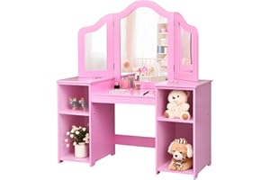 RELAX4LIFE Toeletta per Bambini con Specchio, Specchiera per Ragazzi in Legno Robusto, Tavolo da Trucco con Ampio Spazio di Stoccaggio (Toeletta, Rosa)