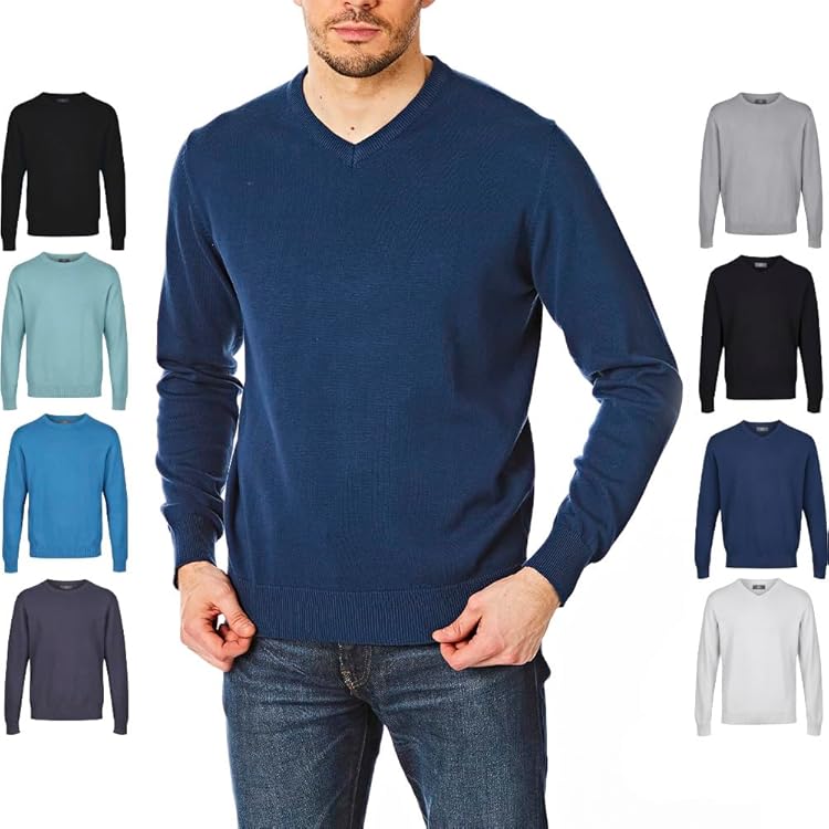 Kallspin Heren trui met ronde hals 100% katoen lichtgewicht trui met lange mouwen casual trui, Blauw, XL