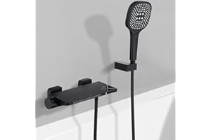 PHASAT Robinet de Baignoire Cascade Mural Mitigeur de Baignoire avec Douchette Robinet Mitigeur pour Salle de Bains en Laiton Noir PTBB10E