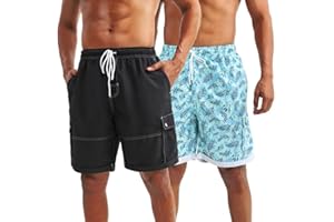 LARGERED Męskie kąpielówki na morze i basen (2 pary), męskie szorty kąpielowe, szybkoschnące, plażowe, z kieszenią i sznurkiem, sportowe z podszewką z siatki, czarny i hawajski, S