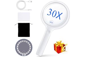 LIEBERWELL Lupe mit Licht, Leselupe mit Licht für Senioren Groß Leichtgewicht Lupenbrille mit Licht 30 X 60 mit 20 LEDs USB Wiederaufladbar 3 Lichtmodi, Vergrößerungsglas für Sehschwäche (Weiß)