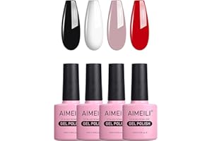 AIMEILI Vernis Semi Permanent Set 4pcs X 10ml Noir Blanc Nude Rouge, Lot Vernis à Ongles Gel Soak Off UV LED Manucure Kit 19