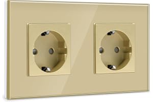 BSEED Dubbeluttag, Schuko, dubbeluttag med glasplatta, guld, 16 A, 250 V, förlängningsuttag för kök, sovrum, kontor, hotell e