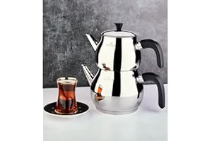 Karaca Kayra Tea Pot Set Black, Teapot: 1 Litre, Kettle 1.75 litres, 18/10 Stainless Steel, with Tea Sieve, 2 Years Warranty, Durable, Healthy, Metal, Suitable to Use On Induction Hobs