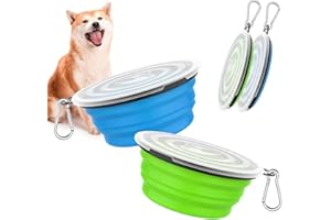 Pawaboo Collapsible Dog Bowls 2 Pack, Silicone Feeding Watering Bowls with Lids & Carabiners for Dogs Cats, Portable Water Feeder Food Bowl for Walking Traveling Home Use, 1000ml, Blue + Green