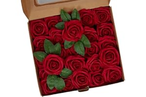 Ancokig 25 Piezas Flores Rosas Artificiales Espuma Rosa Falsa con Tallos para Boda Nupcial Ramos Centros de Mesa Preparativos Partido Hogar Decoración (Vino Tinto)