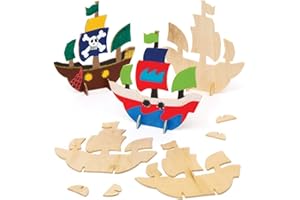 Baker Ross Statki pirackie z drewna do ustawiania (6 sztuk) – dla dzieci do majsterkowania i tworzenia pirackich statków 3D