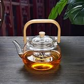 Deconox Bamboo Handle Heat Resistant Borosilicate Glass Strainer Teapot 1000ml, Heat Resistant Glass Herbal Tea Teapot 1000ml