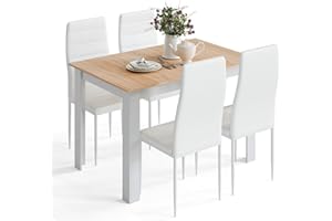 Mondeer Esstisch mit 4 Stühlen Set, Essgruppe mit Hochlehner Kunstleder Stuhl für Küche Esszimmer Wohnzimmer, W120 x D90 x H75 cm, Weiß und Eiche