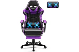 Soontrans Silla Gaming con Masajeador, Gamer con Reposapiés Reposacabeza, Ergonómica, Cojín Lumbar de Masaje, para Livesteam Youtube Playstation (Morado)