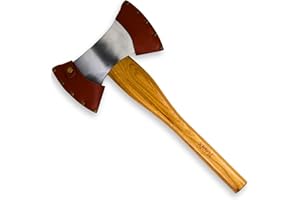 Xforst Hacha, Doble Cabeza de Acero al Carbono Forjado con Mango de Madera de Hickory. Incluye Funda Protectora de Cuero Genuino Negro. Hacha Vikinga. 42 cm / 1,4 kg. X-DB.