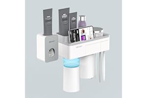 Mivcinn Wall Mounted Toothbrush Holder with Toothpaste Dispenser No Drilling 2 Magnetic Cups, 4 Brush Slots, 1 Cosmetic Drawer Organizer, Storage Tray with Iphone Holder