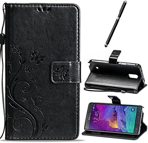 Samsung Galaxy Note 4 Case ,EUGO Butterfly Flowers Primium PU Leather Wallet Flip Case with Card Slots &amp; Stand &amp; Magnetic Closure Case for Samsung Galaxy Note 4 + 1× Black Stylus Pen - Schwarz