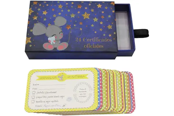 Qué Kawaii® Kit Ratón Pérez – Caja de los Dientes con 24 Certificados + Diario + Cuento Interactivo | Regalo Niño Caída de Dientes | Puerta Ratoncito Pérez Complemento