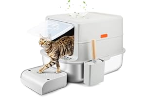 Bartuke Arena para Gatos de Acero Inoxidable con Cubierto, Cajas de Arena Grande XXL, Extraíble Arenero Cerrado con Pala, Pedal, Anti-Fugas, Fácil de Limpiar, para Varios Gatos (Gris Claro)