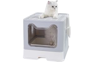 Vealind Lettiera per Gatti, 51 x 41 x 38 cm Grande Toilette per Gatti Chiusa con Design Pieghevole, Vassoio Estraibile e Paletta (Grigio)