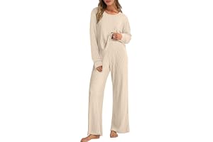 Joligiao Ribbade loungekläder för kvinnor Co Ord Set Mjuk Tvådelad outfit för resor flygplats Lätt träningsoverall Crew Neck Långärmad topp Hög midja Breda ben Byxor Matchande pyjamas Fritidskostymer