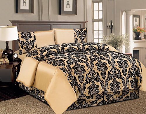 Lisa 4 Piece Damask Super Luxury Complete Set Floral Flock Duvet Quilt Cover Bedding Comforter Set - Double,king,Super King Size (King, GOLD)