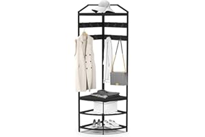 VEDECASA Coat Stand Metal Corner Coat Rack Hallway Tree Freestanding Clothes Rack with 12 Movable Hooks and Storage Shelf for Hallway Living Room Bedroom Office Hallway Entrance Black