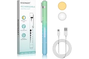 RISEMART Pupillenleuchte Diagnostikleuchte mit Pupillenmessgerät und Lineal,Warmes/Kühles Weiß, Aufladbar USB LED Stiftlampe für Krankenschwester, Rechargeable penlight (Farbverlauf blau grün)