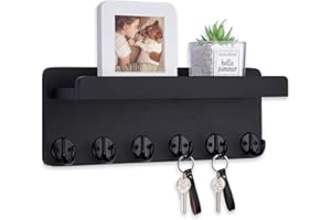 Nekon Key Holder Wall Mount, 12.9 Inch Home Decor Wooden Wall Organizer with 6 Hooks and Display Shelf, Wall Shelf for Living Room Entryway Kitchen (Black)