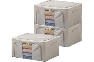 Goesort 3 Pack Clothes Storage Boxes with Steel Frame Support, 22L Moving Bag Wardrobe Storage Organiser Packing Boxes for Moving House with Clear Windows for Towel Duvet Sweater Bedding, Grey
