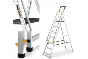 DRABEST Ladder PRO Series Aluminium Trappstege 7 Steg Stege Fällbar med säkerhetsräcken Trappstege Lastbar upp till 150 kg