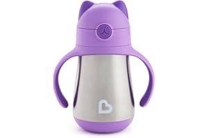 Munchkin Stainless Steel Straw Cup, Cool Cat Design, Insulated Double Walled Beaker for Kids, Toddler Sippy Cup for Babies 18+ Months, Drinking Bottle with Straw, Hot/Cold Drinks - Purple (8oz/237ml)
