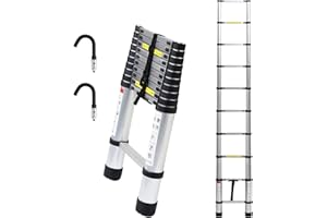 ‎IZRIELAR Izrielar Teleskopleiter 3,2m, Mehrzweckleiter mit Abnehmbarem Haken Leiter Ausziehbar Aluminium, Rutschfester Ausziehbare Stehleiter, Stabil Sprossenleiter bis 150KG, Silber