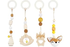 BINYI Spielbogen Baby Spielzeug ab 0 Monate 4 Stück Spielebogen Babies Toys Spielbögen Baby Gym Anhänger Holz für Mädchen Jungen Babyspielzeug für Babyschale Kinderwagen Autositz Spielzeug (Braun)