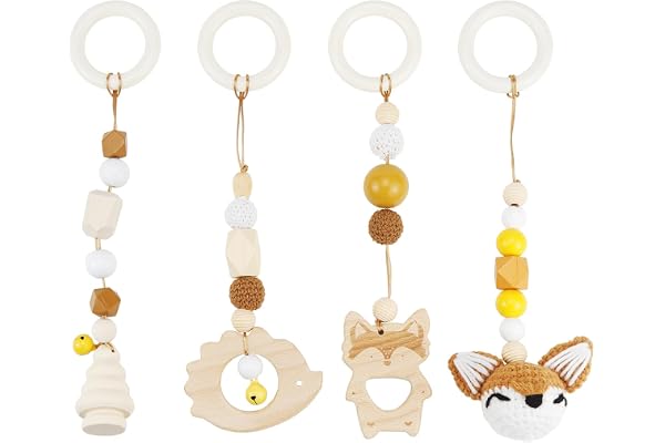BINYI Arche Portique Deveil Eveil Bebe Bois 4 Pièces Arche de Jeux Bébé Jouet a Suspendre Bebe Arches de Jeu pour Jouet Poussette Nouveau Né en Bois pour Siège de Bébé Landau (Marron)