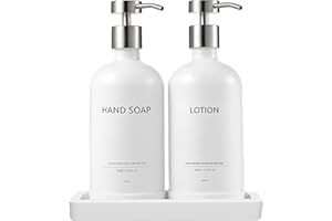 Janxin Glass Kitchen Soap Dispenser Set with Ceramic Tray,16.9 floz Hand and Dish Soap Dispenser for Kitchen and Bathroom Decor (White + Silver(Lotion))
