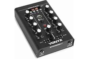 Vonyx STM500BT Mezclador 2 canales, Bluetooth, Reproducción de MP3 con USB, Display, entrada de micrófono, salida de auriculares, chasis de metal resistente, color negro