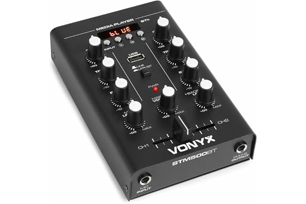 Vonyx STM500BT Table de Mixage Bluetooth 2 Canaux, Lecteur MP3 avec Affichage, Crossfader, Entrée USB, Entrée Micro, Sortie Casque, Egaliseur 2 bandes sur Chaque Canal, Parfait pour les DJs Mobiles